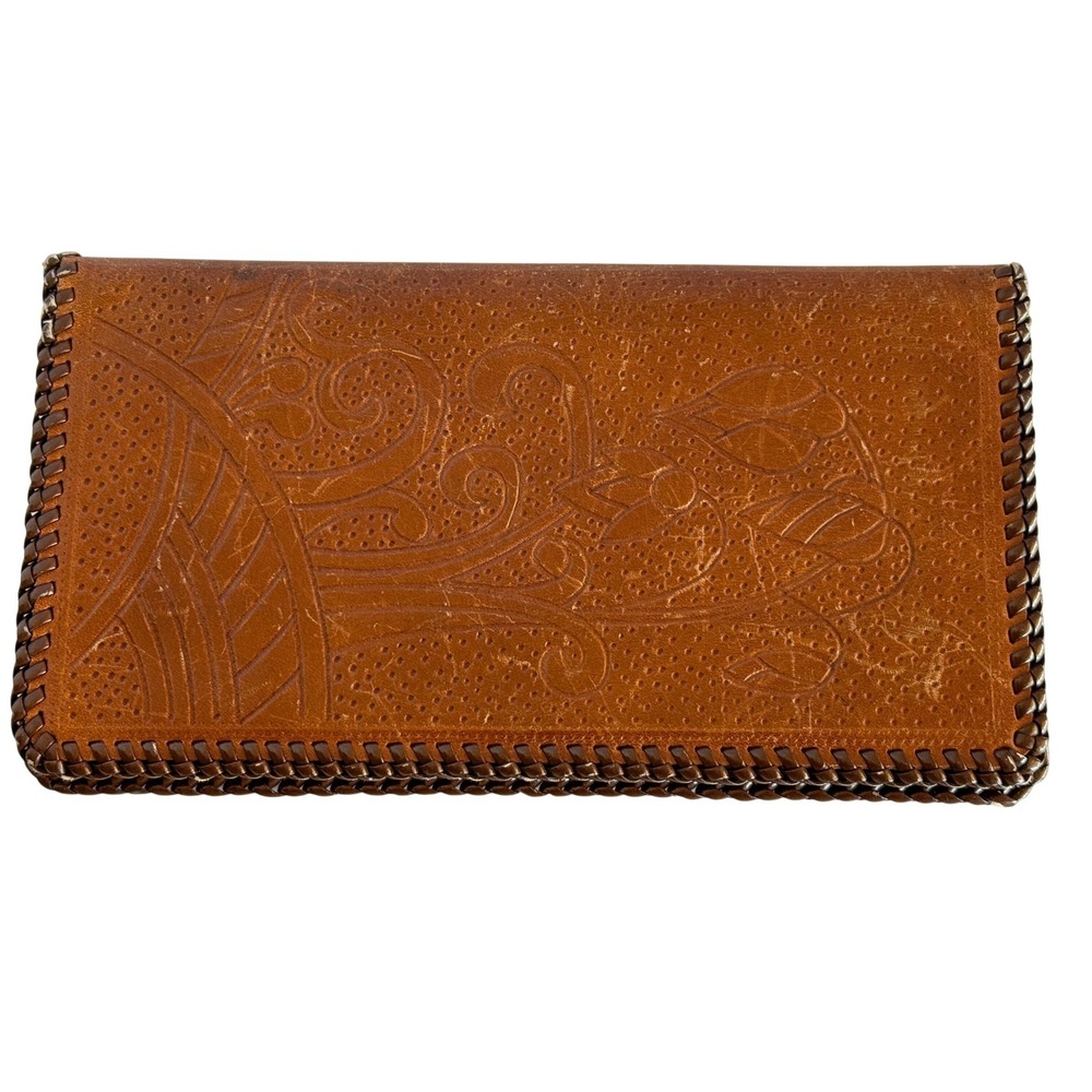 Vintage Tooled Leather Checkbook Wallet Brown Floral Design Hand‎ Stitched